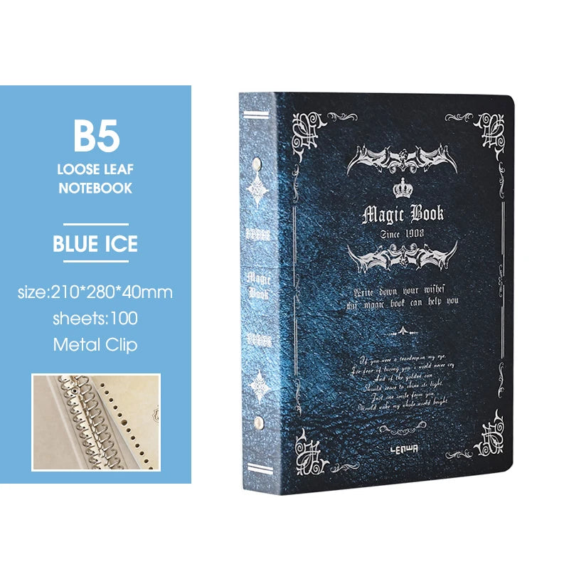 B5 Detachable Metal Clip Loose Leaf Retro Notebook 100Sheets Hardcover Magic Book Writing Diary Office Conference Study CS-021