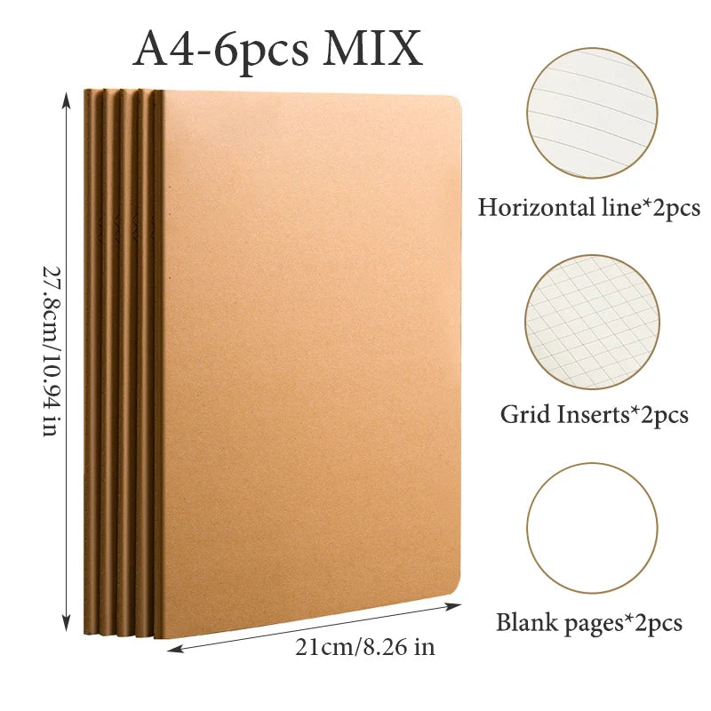 6 pcs A4 Kraft Paper Notebook,36 Sheets 72 Pages/Book Horizontal Line Blank Grid Inner Page Student Learning Testbook QP-66