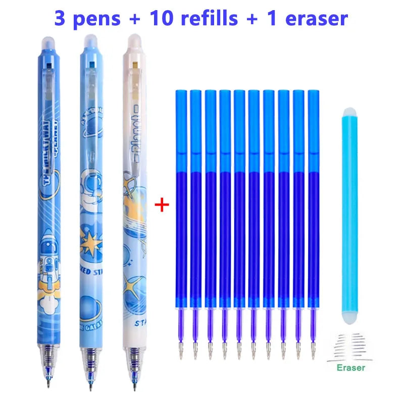 14pcs/set Creative Astronaut Blue Ink Erasable Pens Press-Type Gel Pens 0.5mm Fine Tip Friction Pens Technology Office Supplies