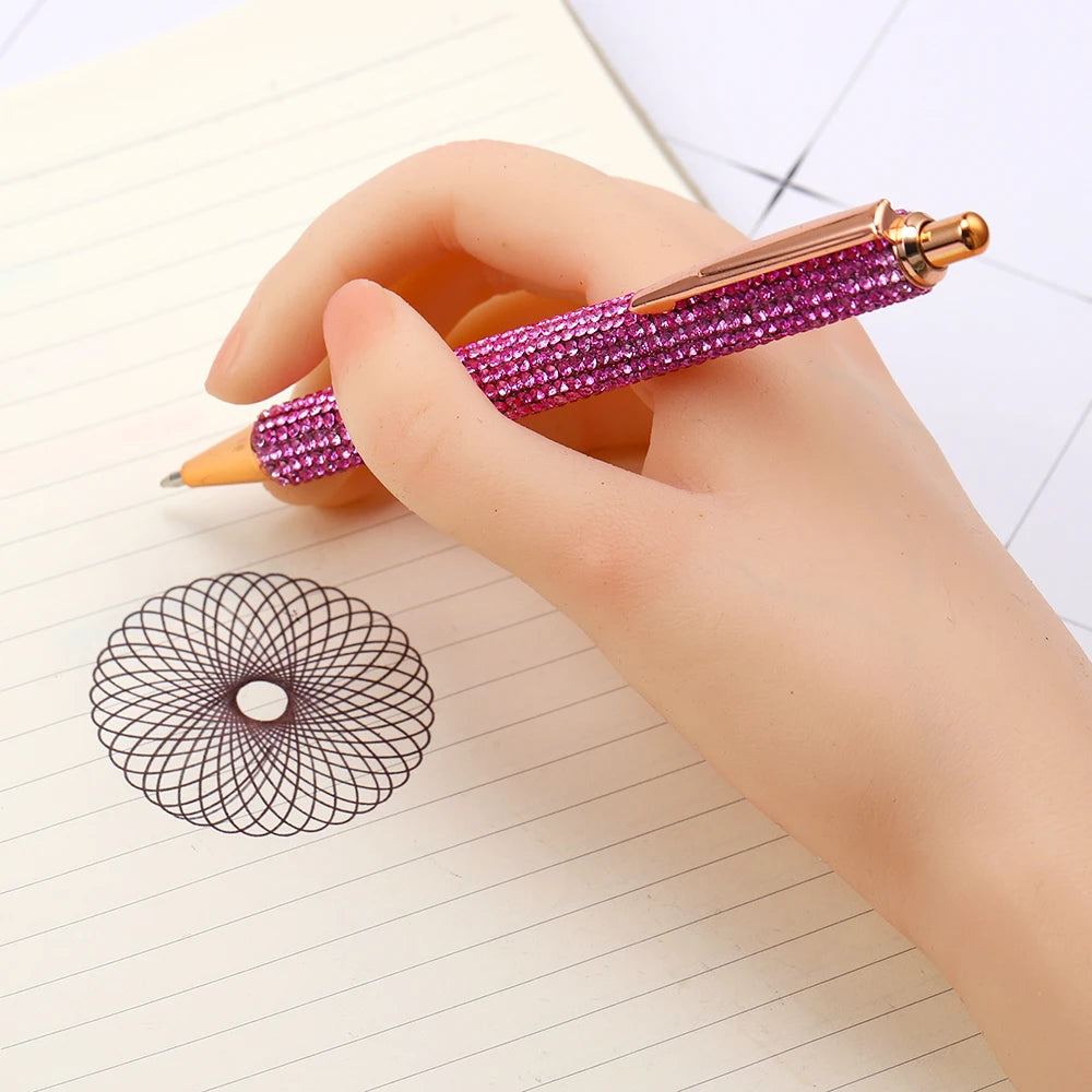 Lytwtw's Press Ballpoint Pen Cute Kawaii Pink Rhinestone Diamond Rose Metal Stationery School Office Supplies 3 Pieces