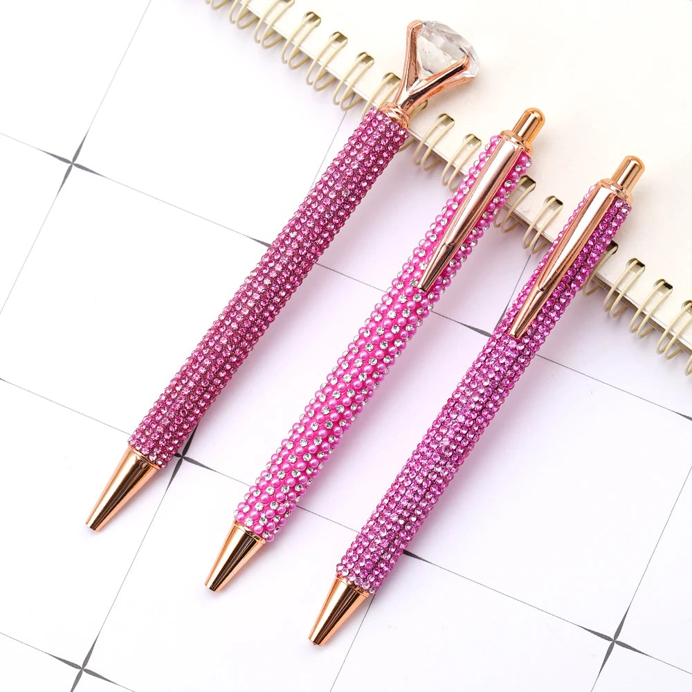 Lytwtw's Press Ballpoint Pen Cute Kawaii Pink Rhinestone Diamond Rose Metal Stationery School Office Supplies 3 Pieces