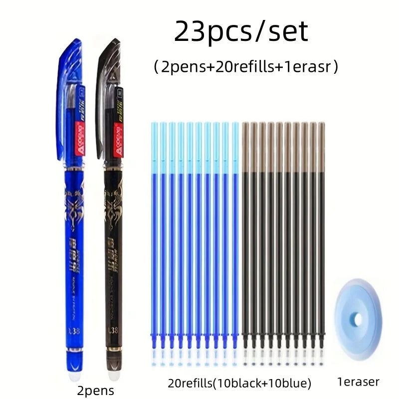 23pcs/set Erasable Gel Pens Set, 0.5mm Black/Blue/Red Erasable Pen Refill, Washable Handle Magic Erasable Pen Office Stationery